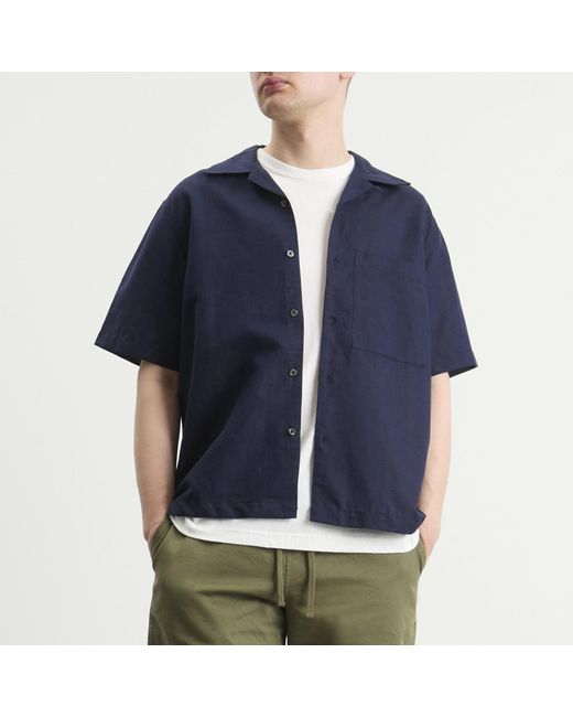 Universal Works Blue Linen Cotton Camp Shirt for men