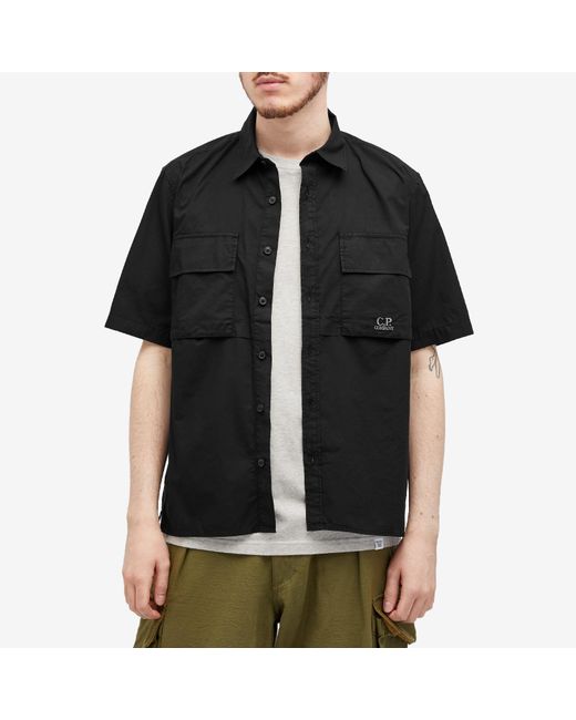 C P Company Black Cotton Ripstop Short Sleeve Shirt for men