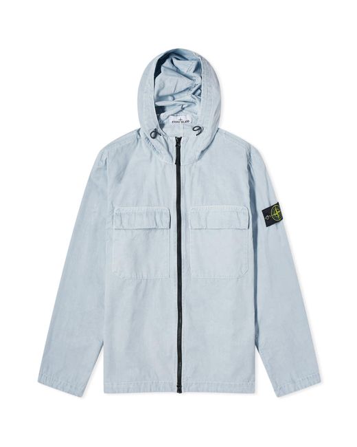 Stone Island Blue Brushed Cotton Canvas Hooded Overshirt for men