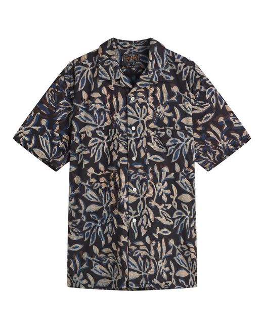Beams Plus Black Open Collar Block Print Leaf Shirt for men