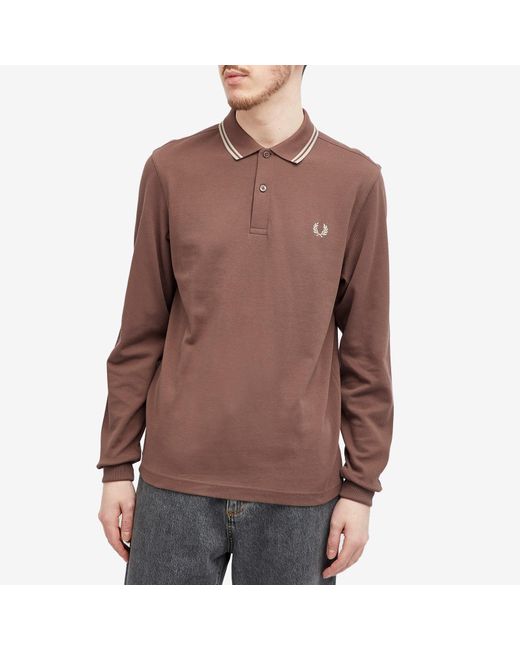Fred Perry Brown Long Sleeve Twin Tipped Polo Shirt for men