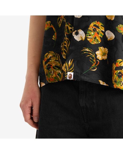 A Bathing Ape Black Vacation Pattern Open Collar Ss Shirt for men