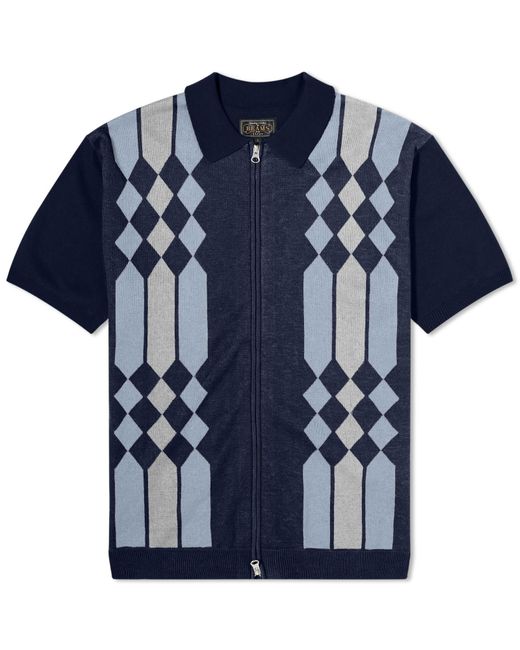Beams Plus Blue Zip Stripe Knit Polo Shirt for men