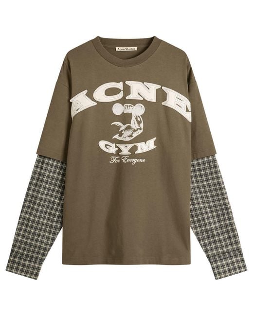 Acne Green Exford U Long Sleeve Gym Bro Check Layered Tee for men