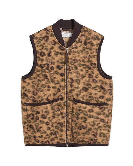 Universal Works Brown Leopard Wool Fleece Gilet for men