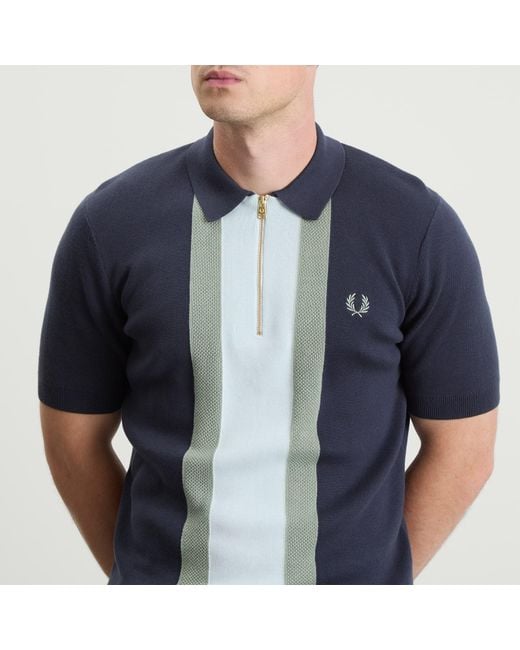 Fred Perry Blue Textured Stripe Knitted Zip Polo Shirt for men