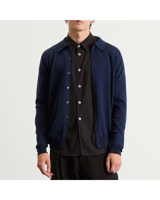 John Smedley Blue Tibor Merino Wool Button Through for men