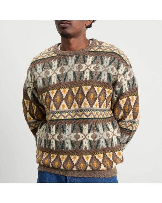 Beams Plus Brown Fair Isle Crew Neck Jumper for men