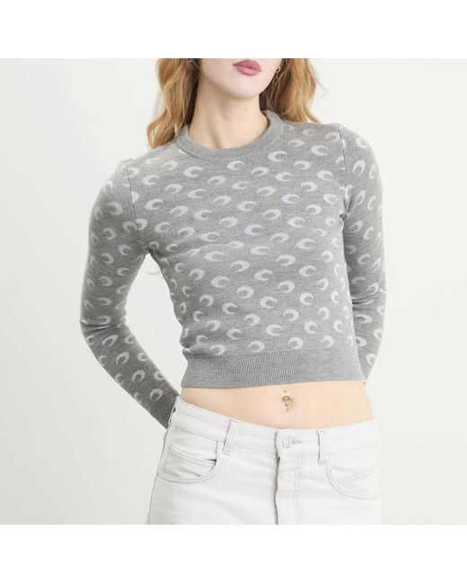 MARINE SERRE Gray Moon Jacquard Knit Fitted Crewneck Sweater