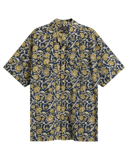 Beams Plus Gray Block Print Open Collar Shirt for men
