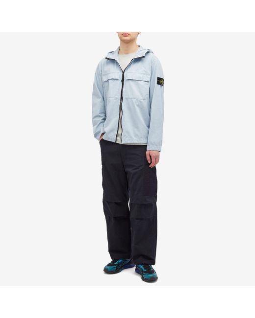 Stone Island Blue Brushed Cotton Canvas Hooded Overshirt for men