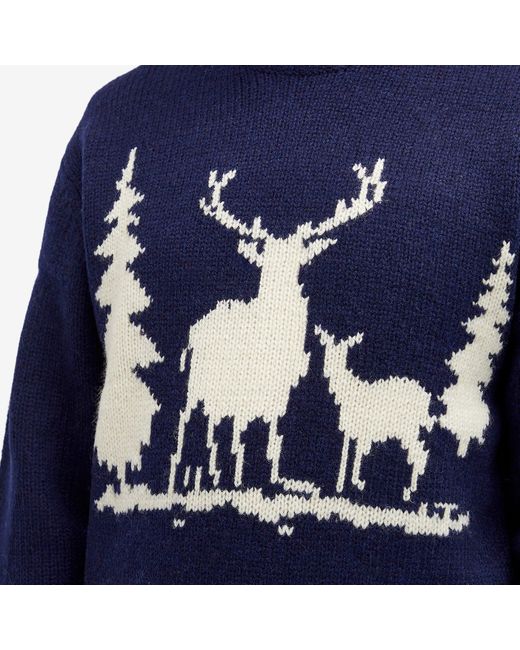 Beams Plus Blue Intarsia Stag Jumper for men