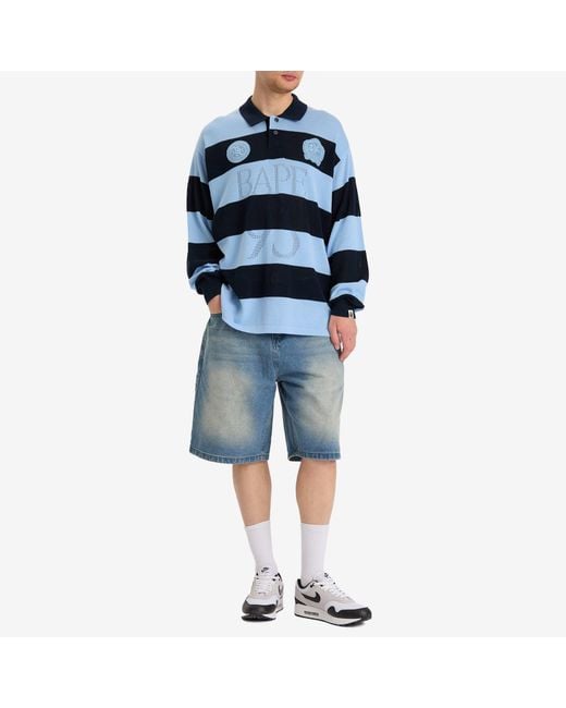 A Bathing Ape Blue Jacquard Multi Logo Stripe Relaxed Fit Ls Tee for men