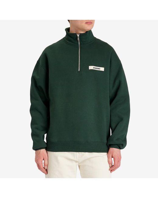 Jacquemus Grosgrain Patch Logo Half Zip Sweatshirt in Green