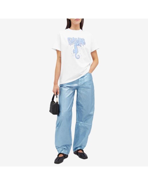 Ganni Blue Basic Jersey Seahorse Relaxed T-Shirt