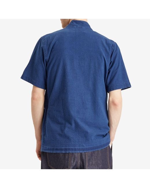 Universal Works Blue Seersucker Short Sleeve Kyoto Shirt for men