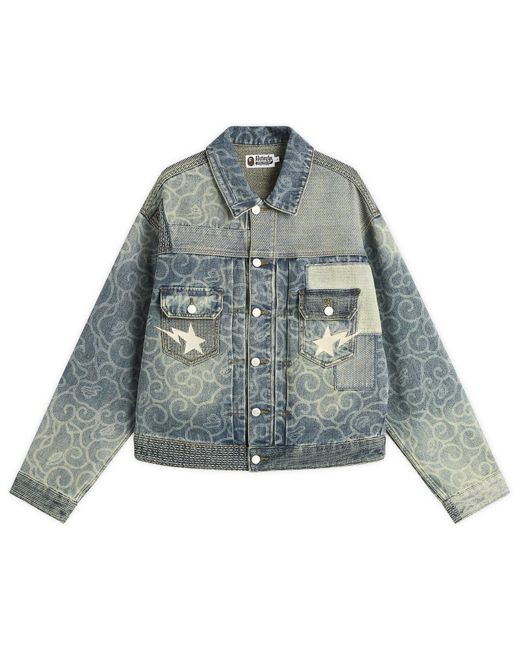 A Bathing Ape Blue Cloud Camo Upcycled Denim Trucker Jacket for men