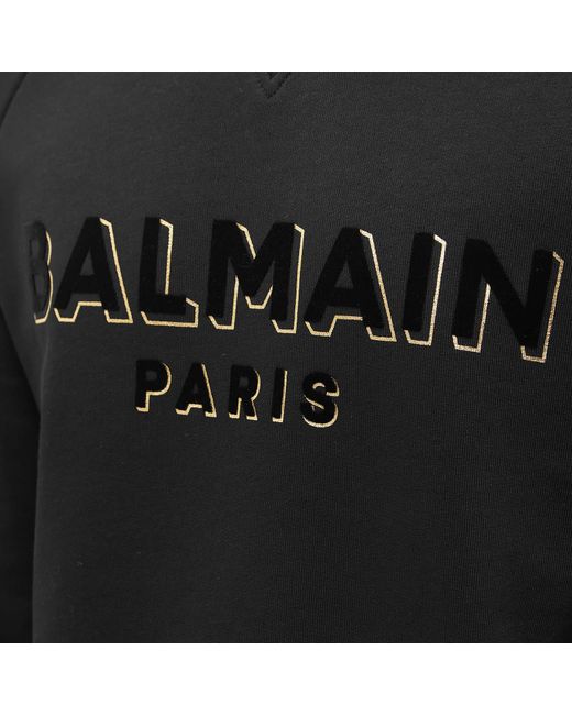 Balmain Black Flock & Foil Paris Logo Crew Sweat for men