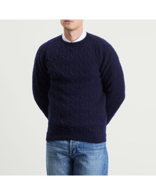 Drake's Blue Brushed Shetland Cable Jumper for men
