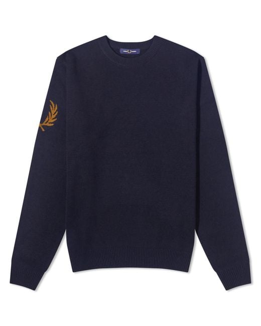 Fred Perry Blue Intarsia Laurel Wreath Crew Neck Knit for men