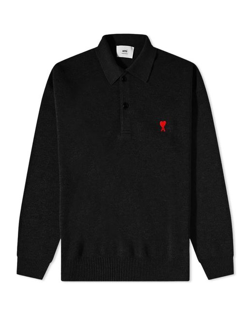 AMI Black Long Sleeve Small A Heart Knit Polo Shirt for men