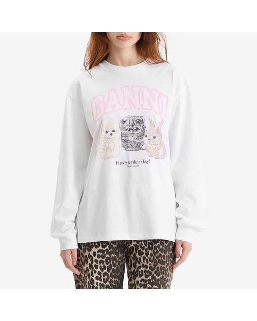 Ganni White Re-Cut Heavy Jersey Animals Long Sleeve Top
