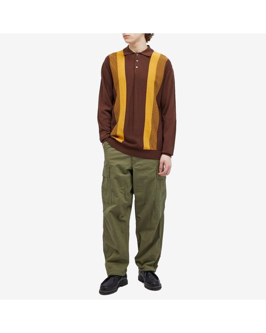 Beams Plus Brown 12G Stripe Knit Long Sleeve Polo Shirt for men