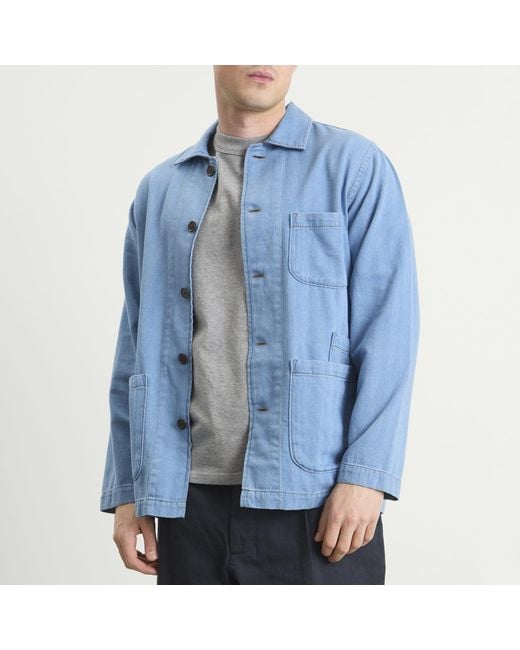 Universal Works Blue Herringbone Bakers Overshirt for men