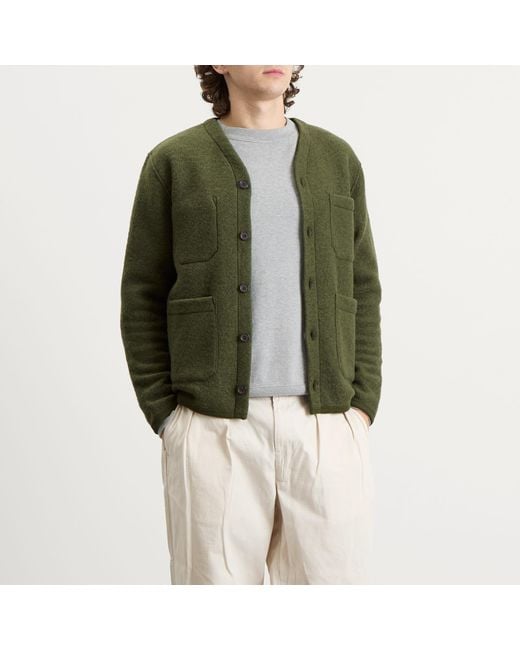 Universal Works Green Wool Fleece Cardigan for men