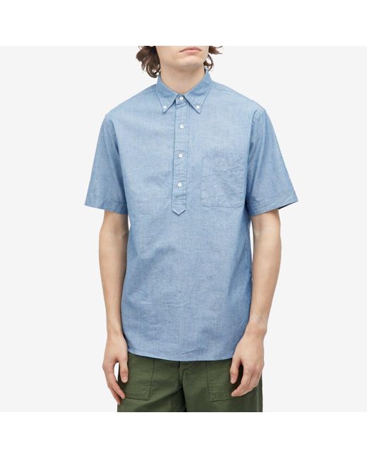 Beams Plus Blue Button Down Popover Short Sleeve Chambray Shirt for men