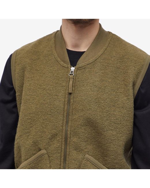 Universal Works Green Wool Fleece Zip Waistcoat for men