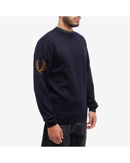 Fred Perry Blue Intarsia Laurel Wreath Crew Neck Knit for men