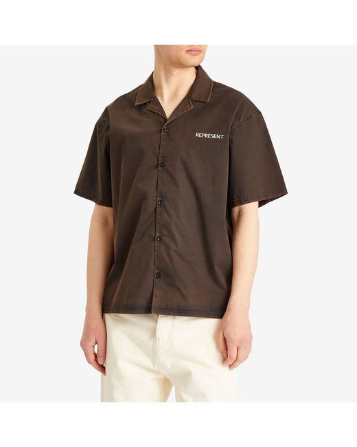 Represent Brown Script Camp Collar Shirt for men