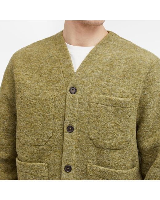Universal Works Green Wool Fleece Cardigan for men