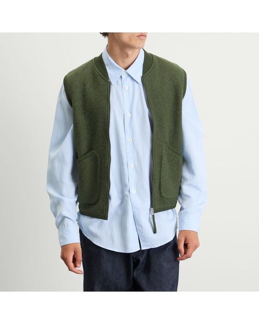 Universal Works Green Wool Fleece Zip Bomber Jacket for men