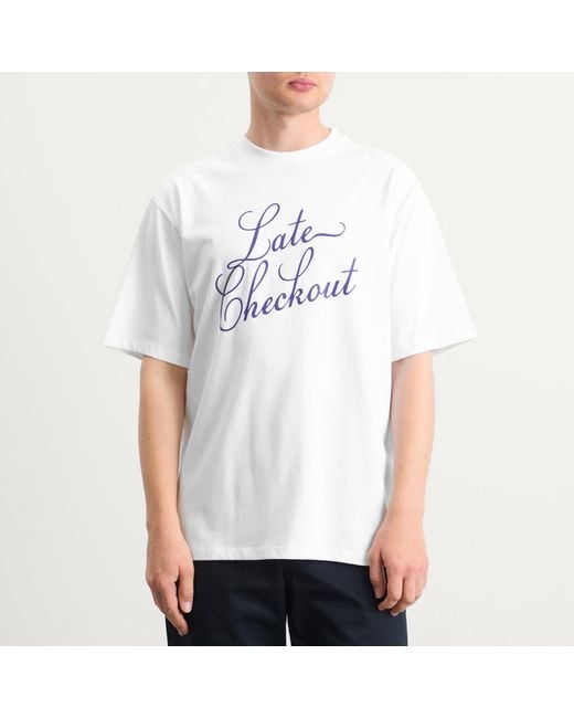 Late Checkout White Script T-Shirt for men