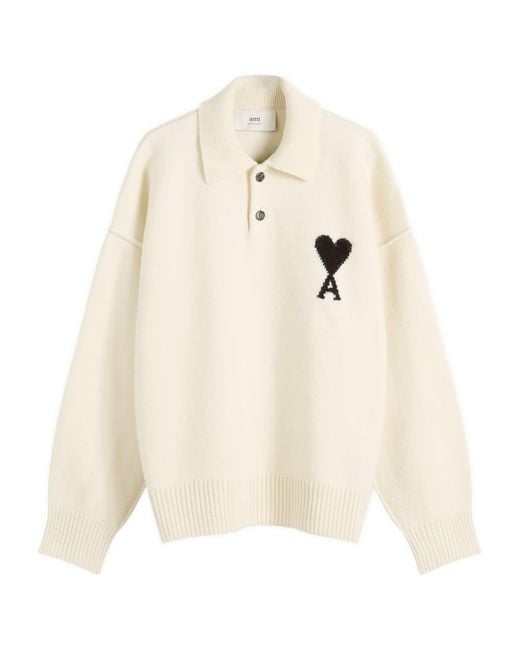 AMI White Felted Merino Wool Knit Adc Polo for men