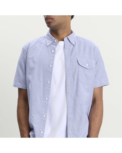 Beams Plus Blue Button Down Short Sleeve Oxford Shirt for men