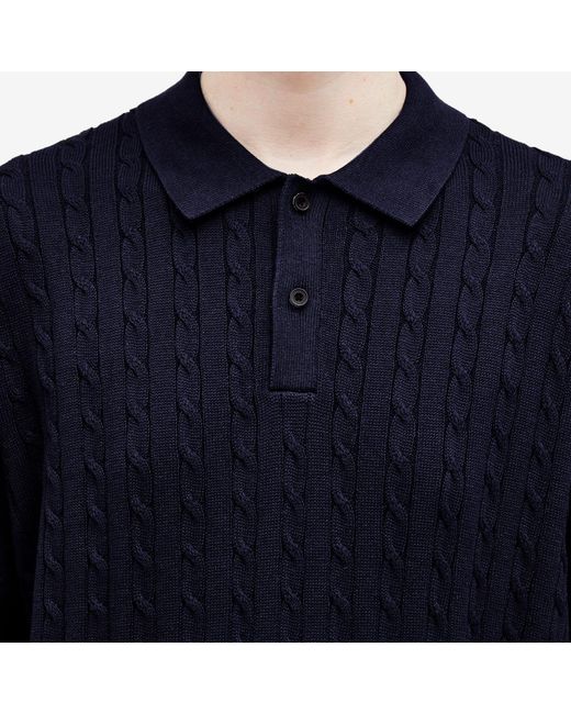 Beams Plus Blue Cable Knit Polo Shirt for men