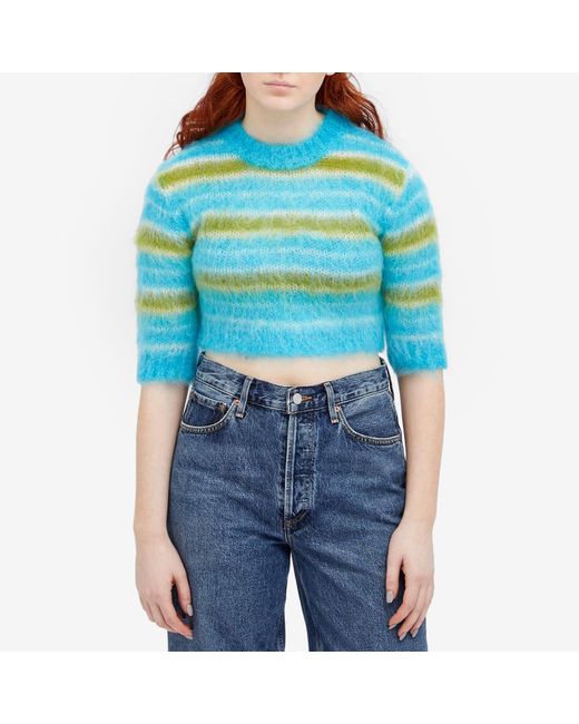 Marni Blue 3/4 Sleeve Brushed Stripes Cropped Sweater