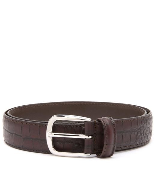 Andersons Brown Narrow Stitch Trimmed Alligator Print Leather Bel for men