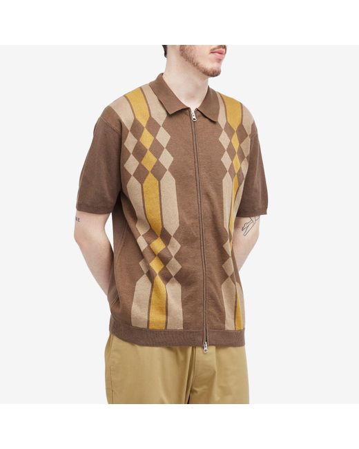 Beams Plus Brown Zip Stripe Knit Polo Shirt for men