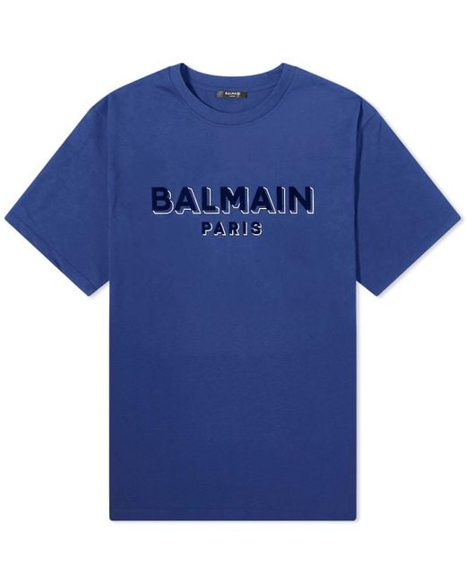 Balmain Blue Flock Logo T-Shirt for men