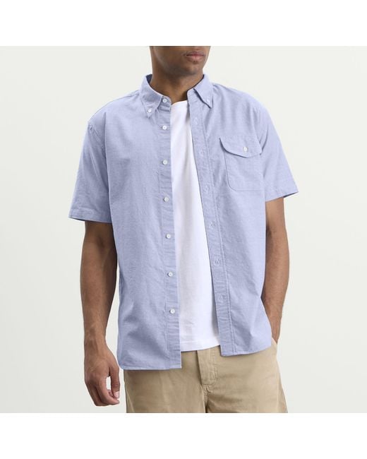 Beams Plus Blue Button Down Short Sleeve Oxford Shirt for men