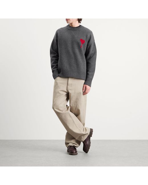 AMI Gray Felted Merino Wool Knit Adc Crew Neck Jumper for men