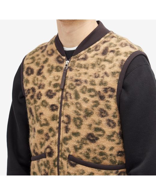 Universal Works Brown Leopard Wool Fleece Gilet for men