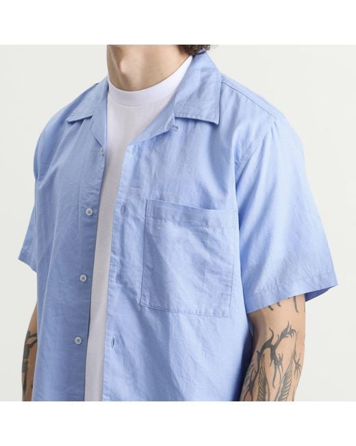 Universal Works Blue Linen Cotton Camp Shirt for men