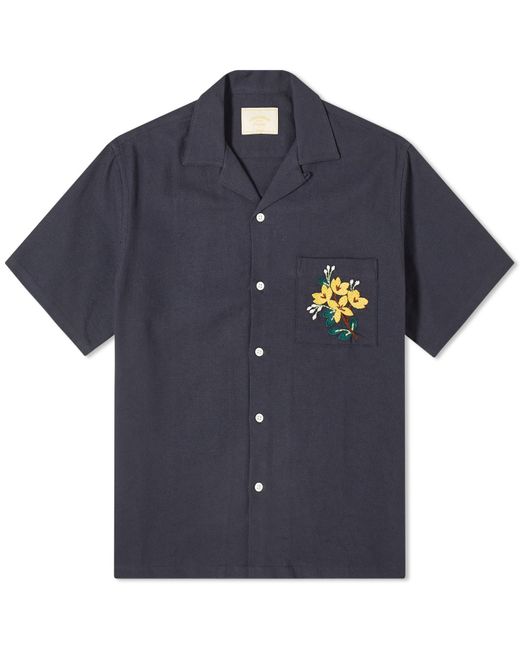 Portuguese Flannel Blue Pique Embroidered Flowers Vacation Shirt for men