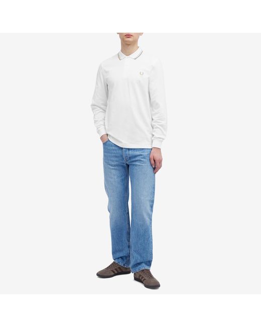Fred Perry White Long Sleeve Twin Tipped Polo Shirt for men
