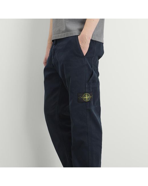 Stone Island Blue Panama Cotton Old Effect Work Pants for men